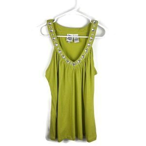 Ivy Jane Shirt Womens Medium Chartreuse Green Sleeveless Tank Top V-Neck Jewel